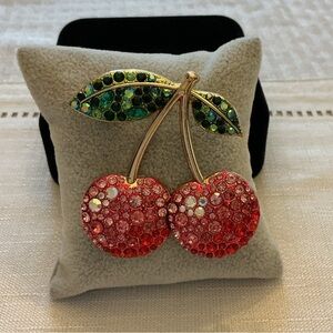 Cherry Rhinestone Gold Tone Brooch